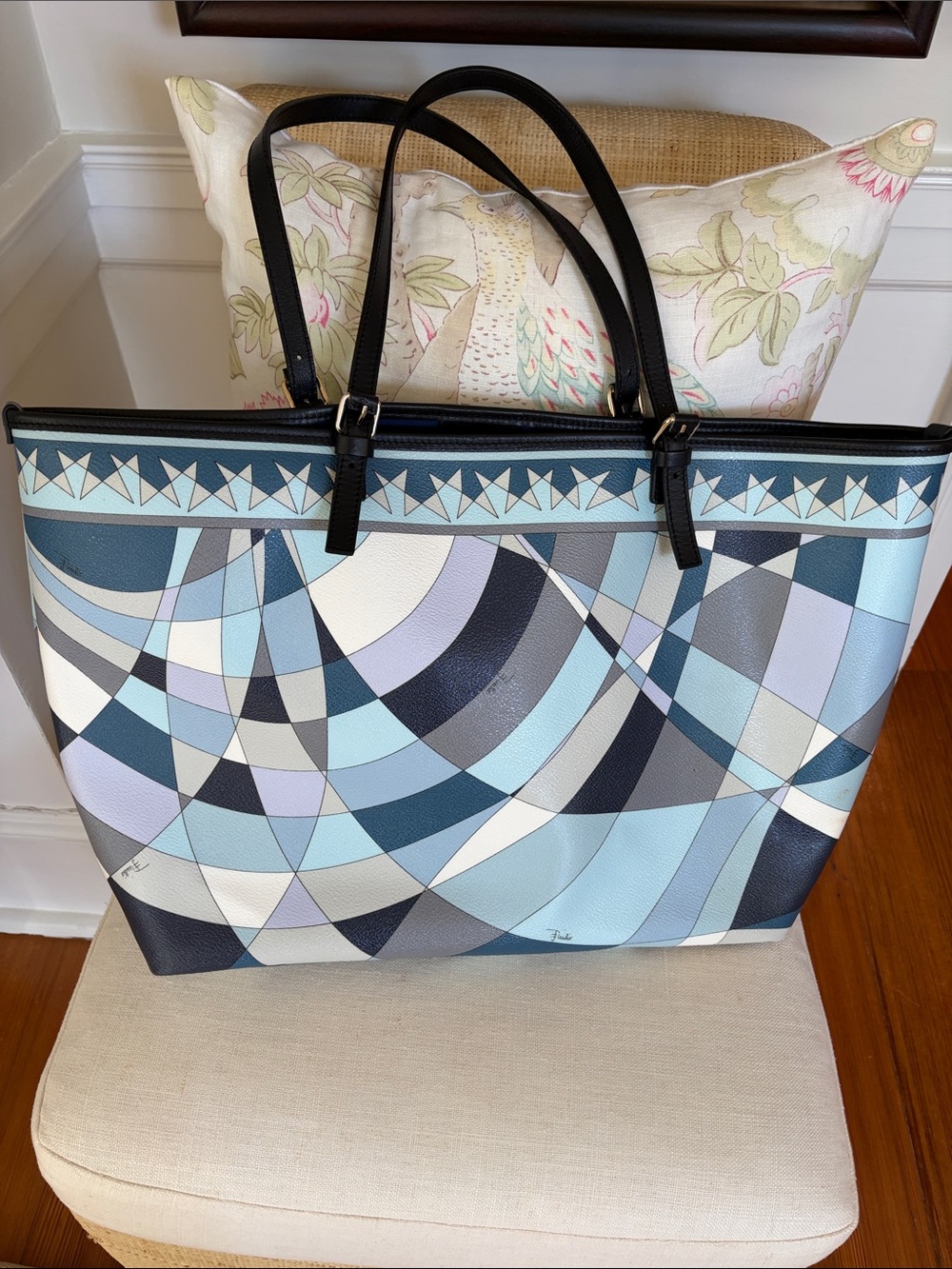 Emilio Pucci Geometric Multitone Blue Tote with Black Straps